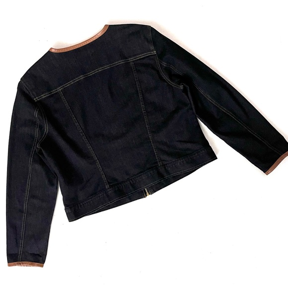 Lauren Ralph Lauren Dark Blue Denim Jacket w/ Brown Leather Trim - Sz L - Picture 2 of 7